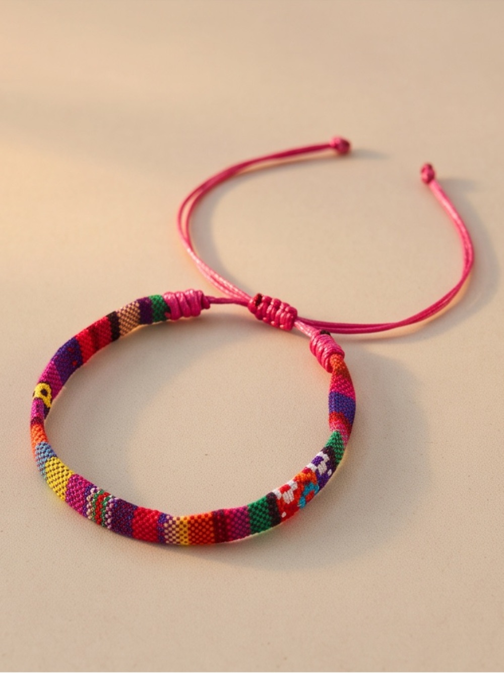 New Multicolor Woven Friendship Bracelet with Pink Cord